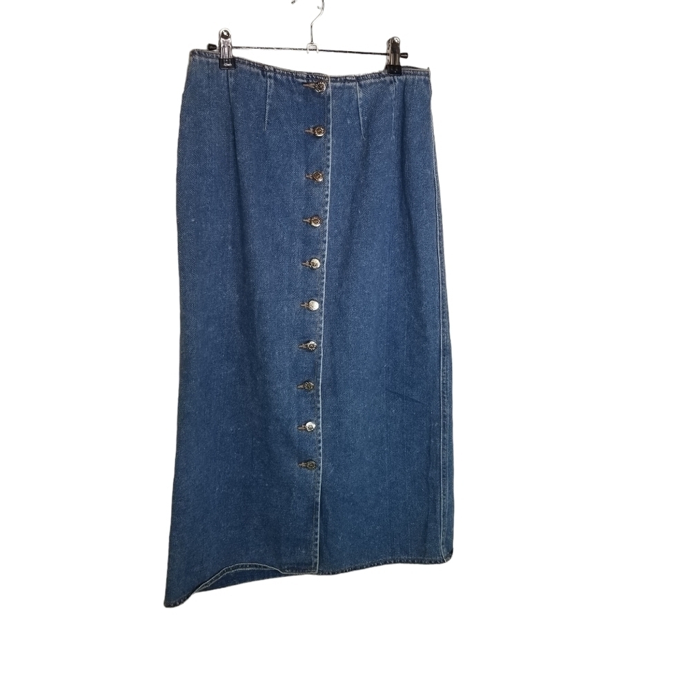 Vtg 90s cotton button front jean denim midi skirt